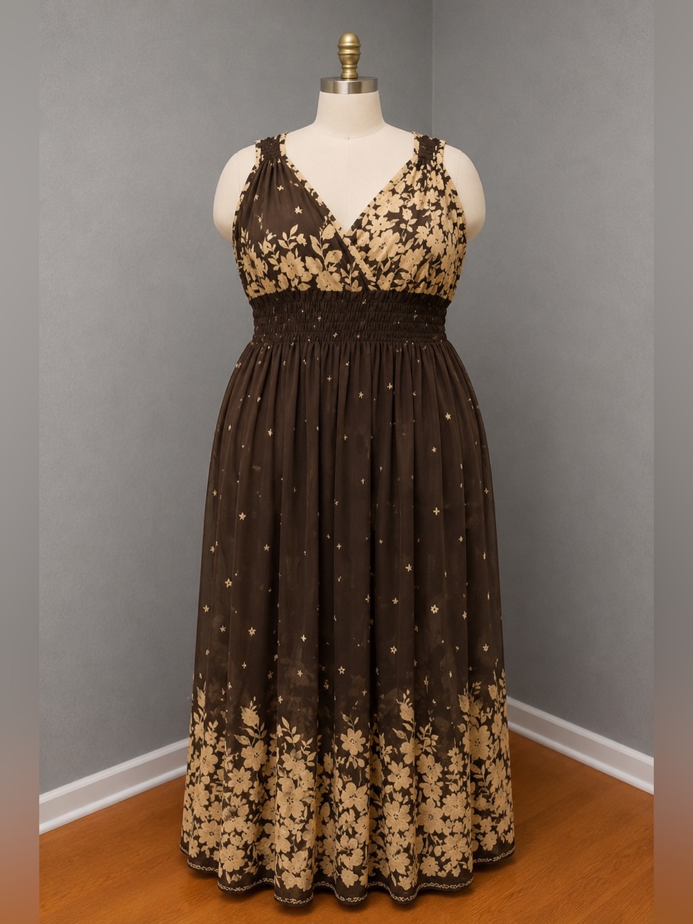 🟡Brown & Tan Floral Print Maxi Dress - Plus